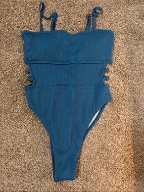 Ribbed Teal One-Piece Swimsuit with Side Cutouts